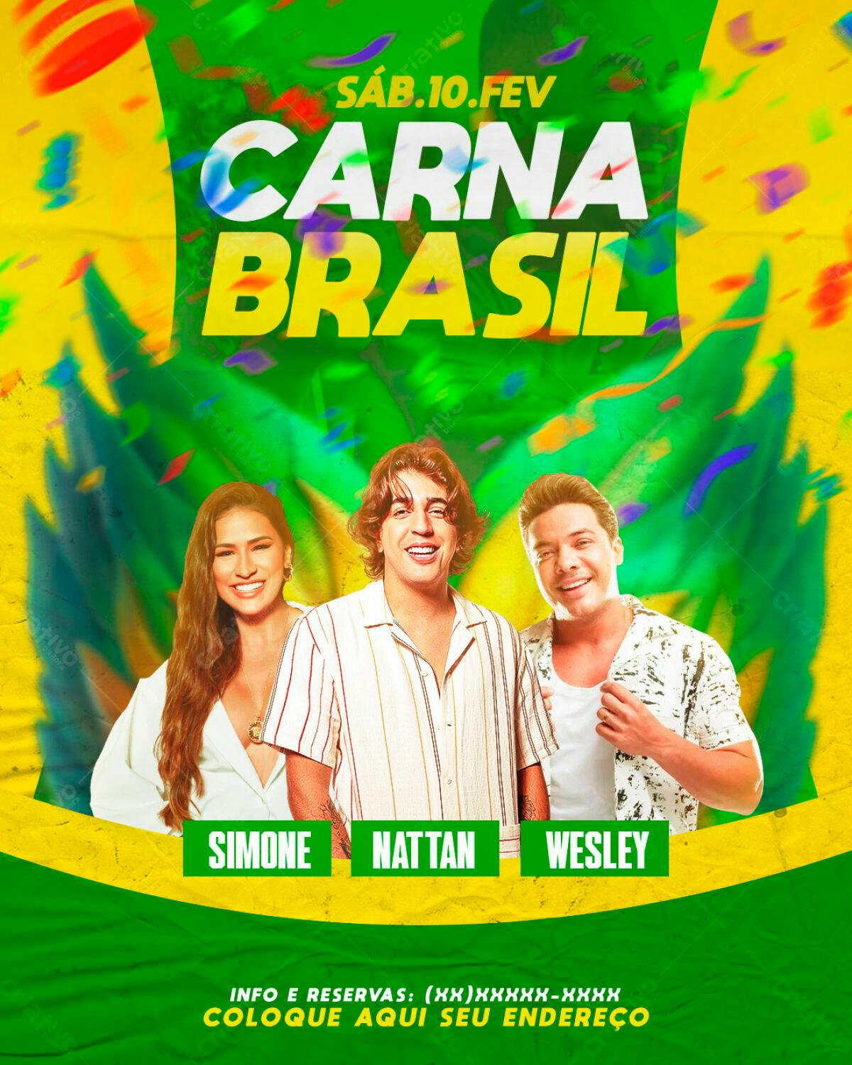 Flyer Carnaval Brasil com Simone, Nattan e Wesley PSD Editável