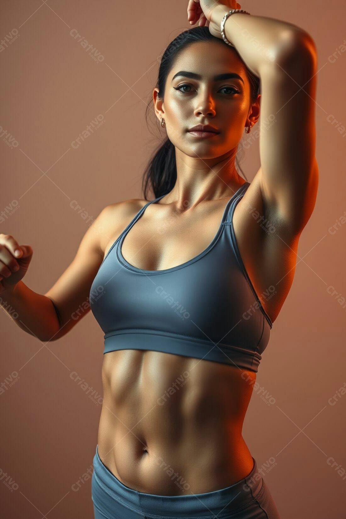 Mulher atleta com abdômen definido em fundo marrom