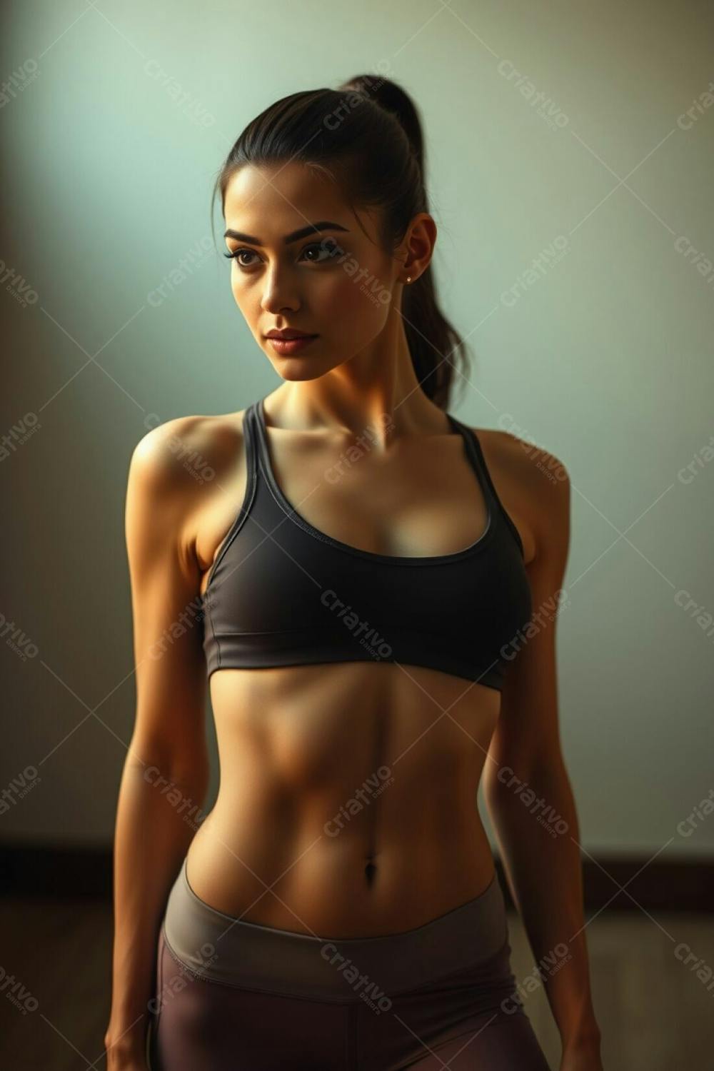 Warm, Slightly Dark, Soft Pastel Toned Fine Art Photograph. A Woman With A Sculpted Physique, Wearing Gym... Toned Stomach. Gentle, Soothing Light, Diffused Shadows. Her Pose Is Graceful And Elegant, With Refined Facial Features.