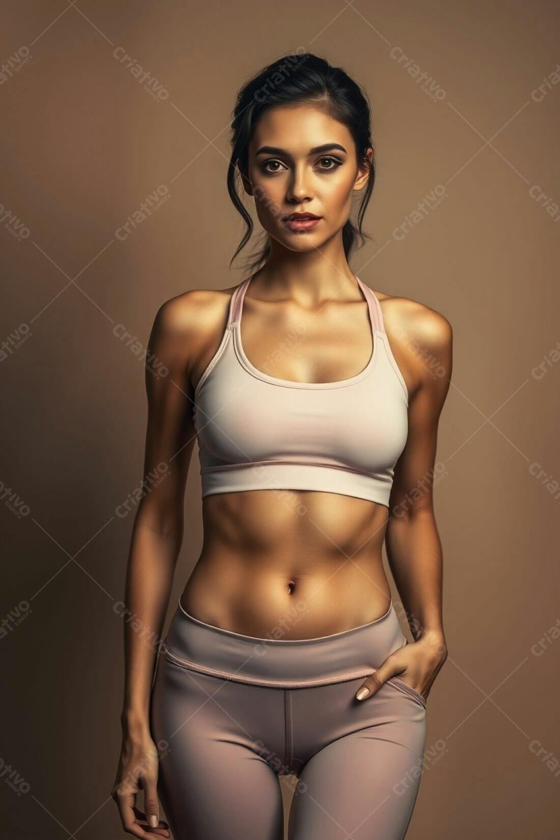 Mulher fitness em roupa esportiva bege