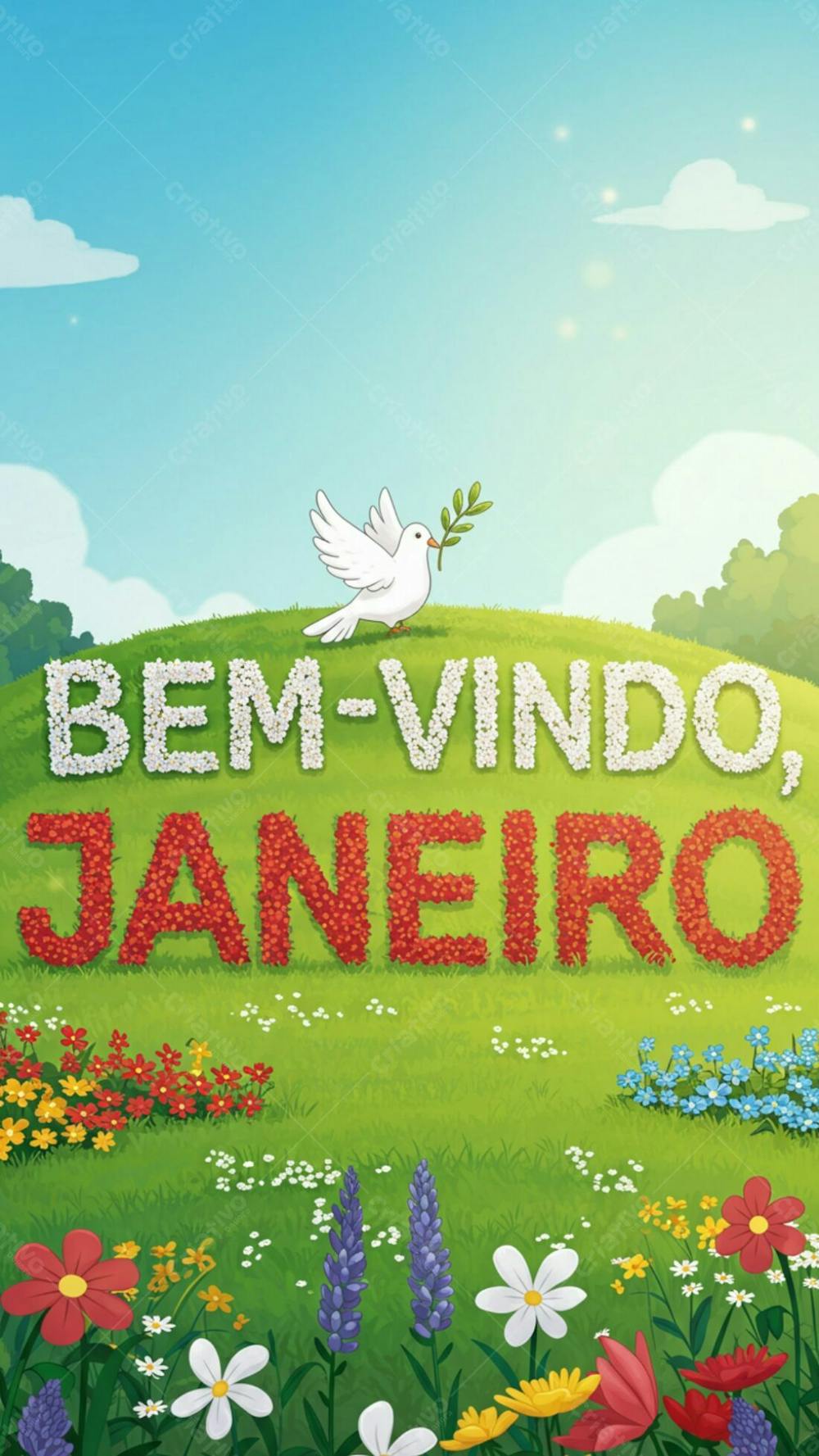 Imagem De Jardim Com Flores E Pomba Da Paz Escrito Com Flores Bem Vindo Janeiro Para Composição