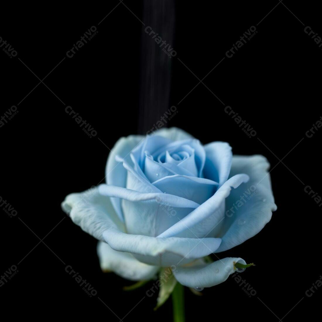 Rosa azul em fundo preto molhada