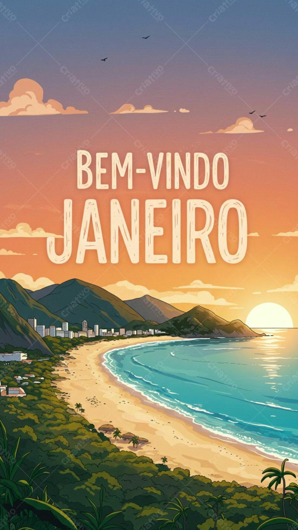 Imagem De Praia Com Floresta E Montanhas Escrito Com Flores Bem Vindo Janeiro Para Composição