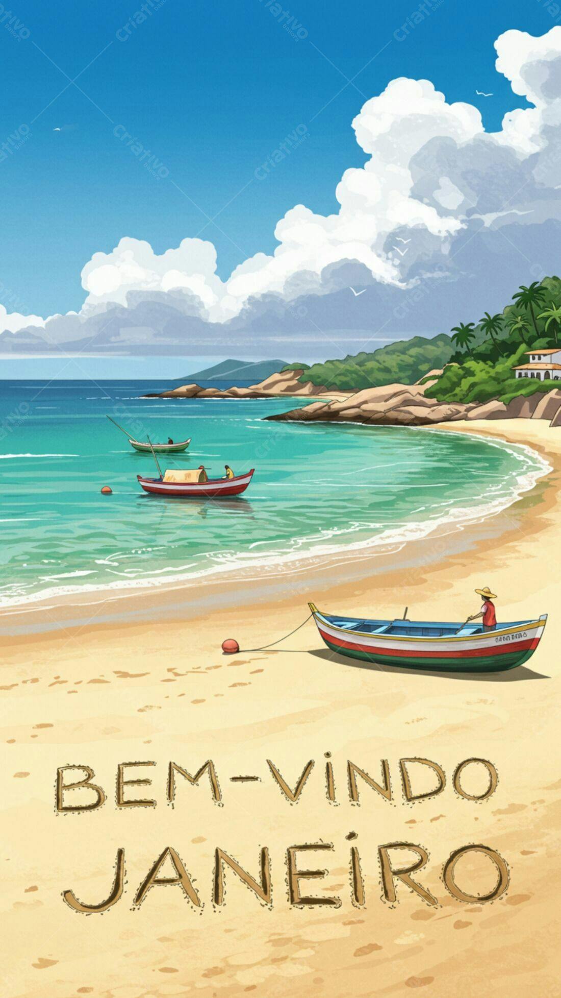 Praia tropical com barcos e mensagem na areia