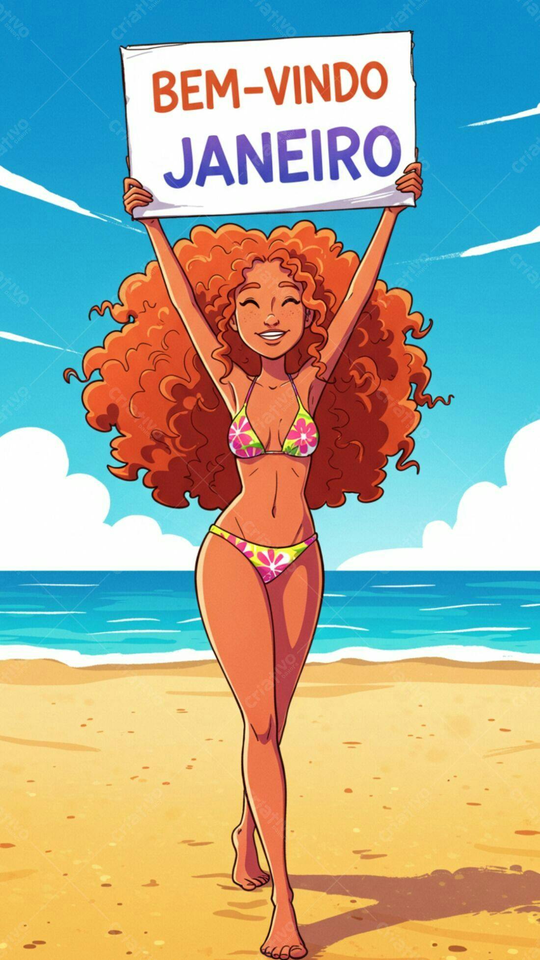 Mulher na praia em Janeiro com placa de boas vindas