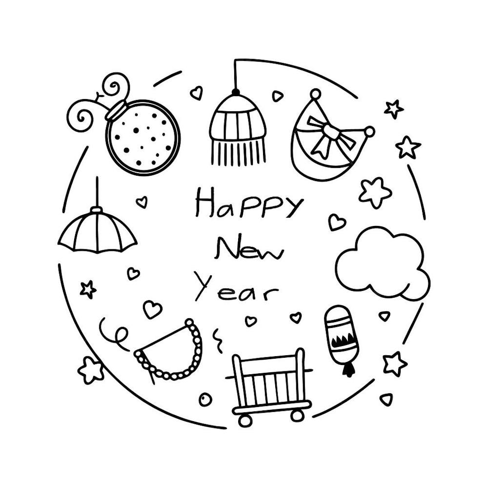 Cute Doodle Style Happy New Year Circle Design