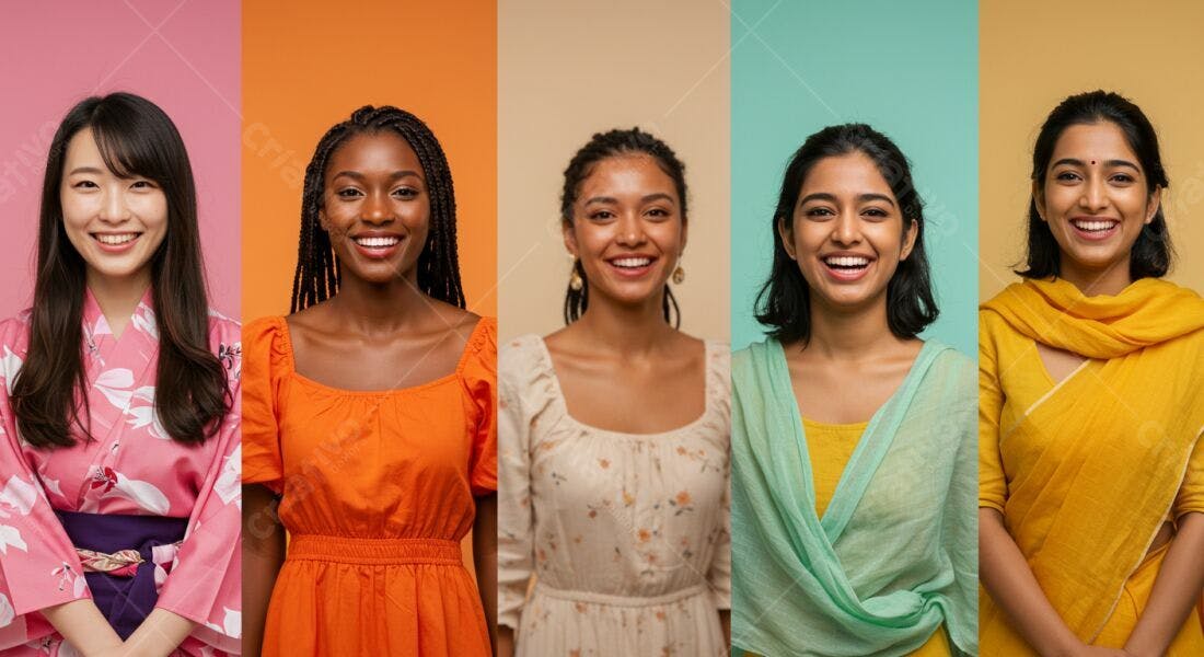 Mulheres sorrindo diversas culturas fundo colorido