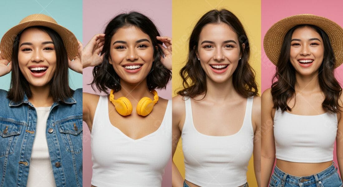 Mulheres sorrindo em fundos coloridos
