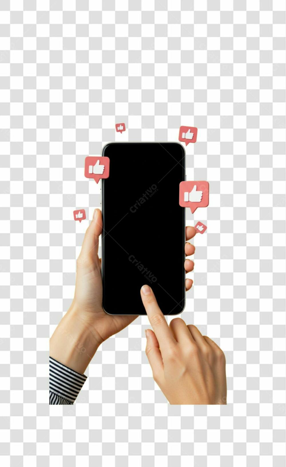 Mão Segurando Celular E Icones De Joia Em Volta E Dedo Apertando Na Tela Png Transparente