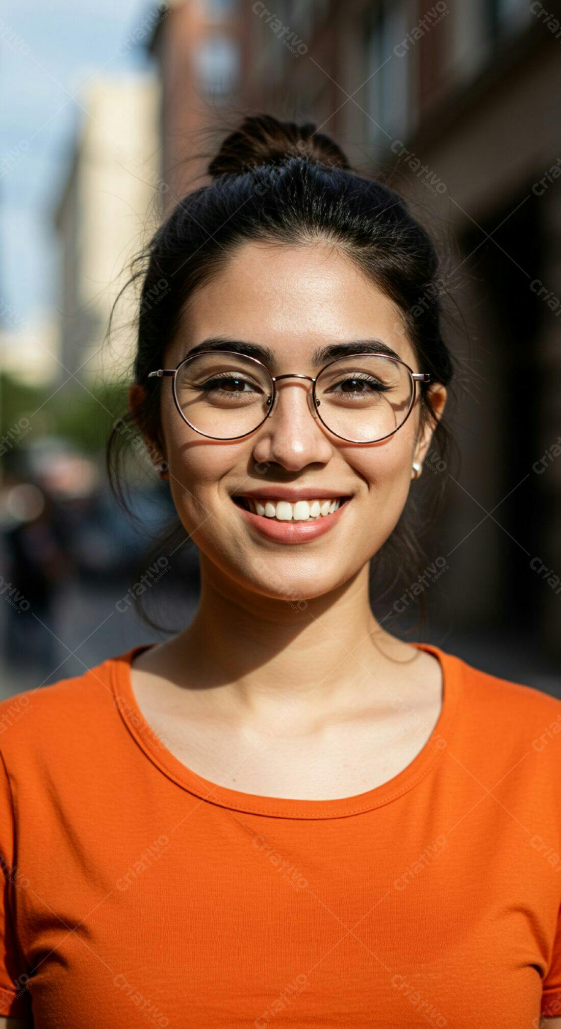 Mulher sorridente óculos laranja cidade