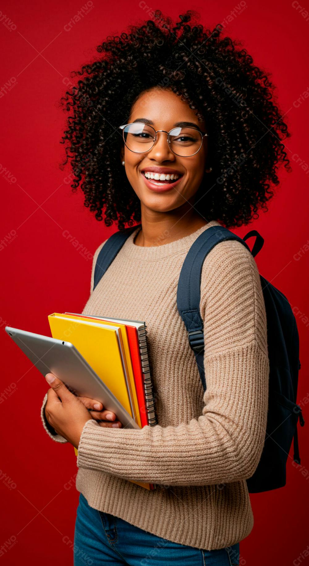 Imagem De Mulher Estudante Negra Cacheada Sorridente Fundo Solido Vermelho Mochila Nas Costas Segurando Livros E Tablet Nas Mãos Psd Editável