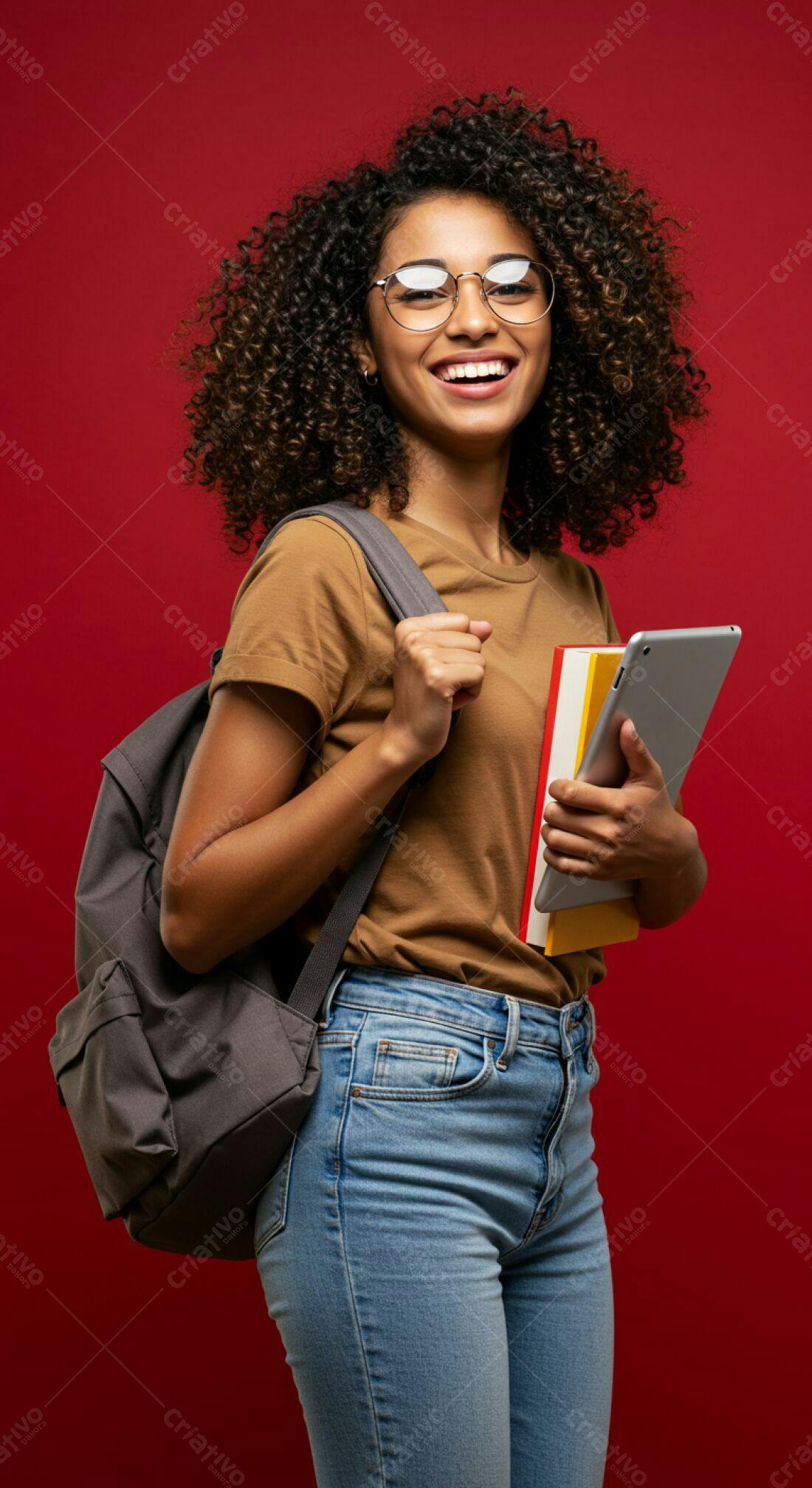 Estudante feliz com mochila livros e tablet