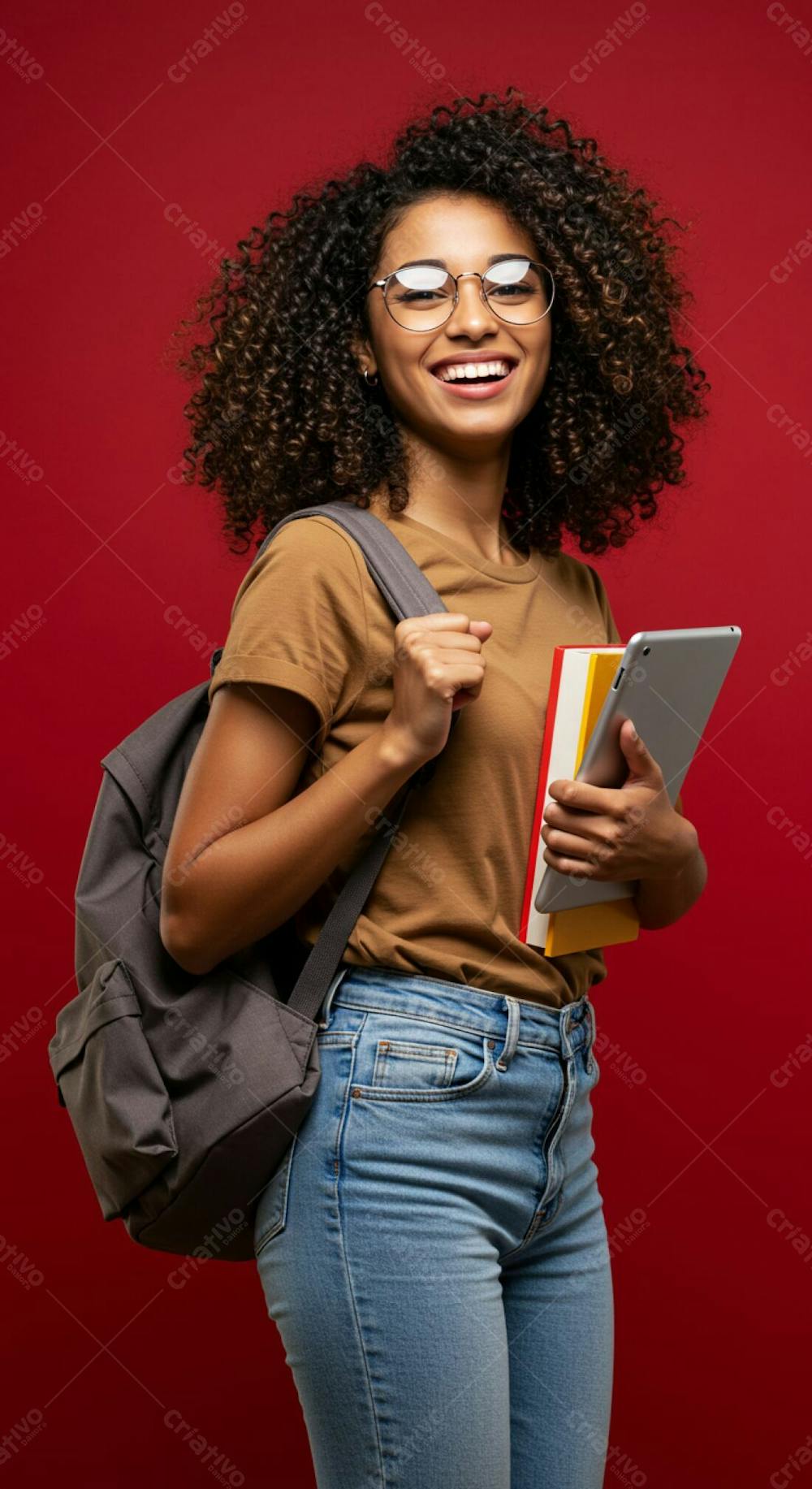 Imagem De Mulher Estudante Negra Cacheada Sorridente Fundo Solido Vermelho Mochila Nas Costas Segurando Livros E Tablet Nas Mãos Psd Editável