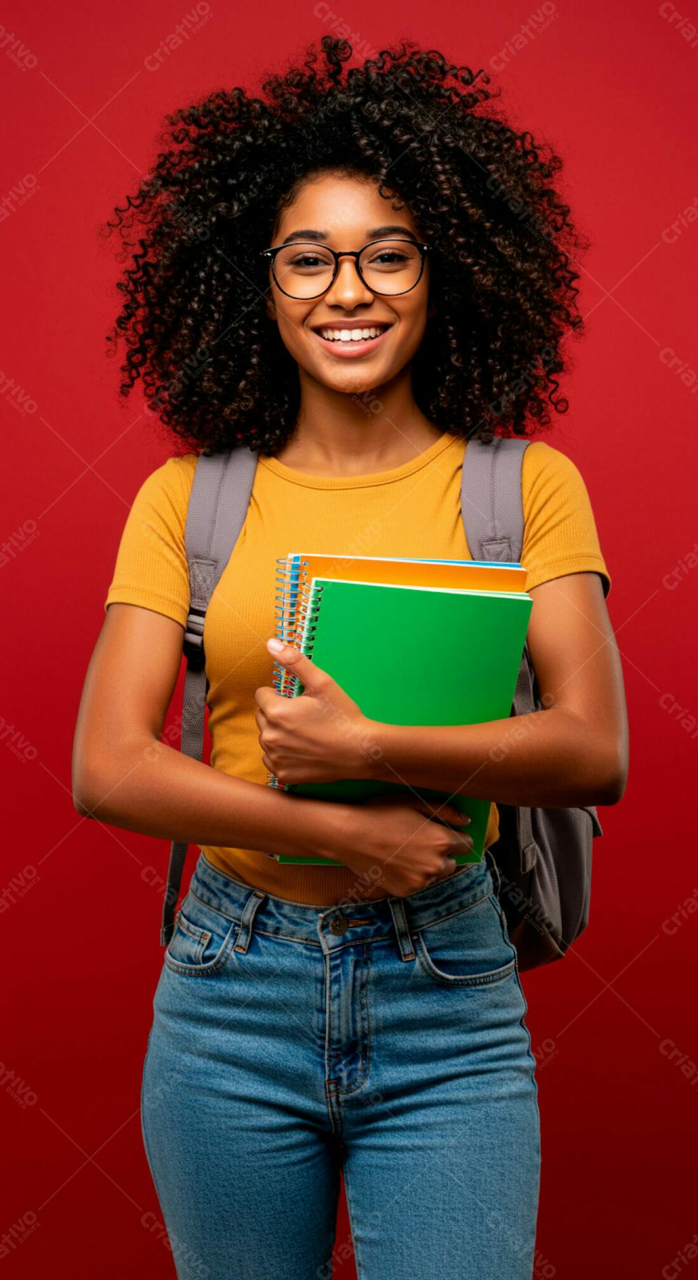 Imagem De Mulher Estudante Negra Cacheada Sorridente Fundo Solido Vermelho Mochila Nas Costas Segurando Livros Nas Mãos Psd Editável