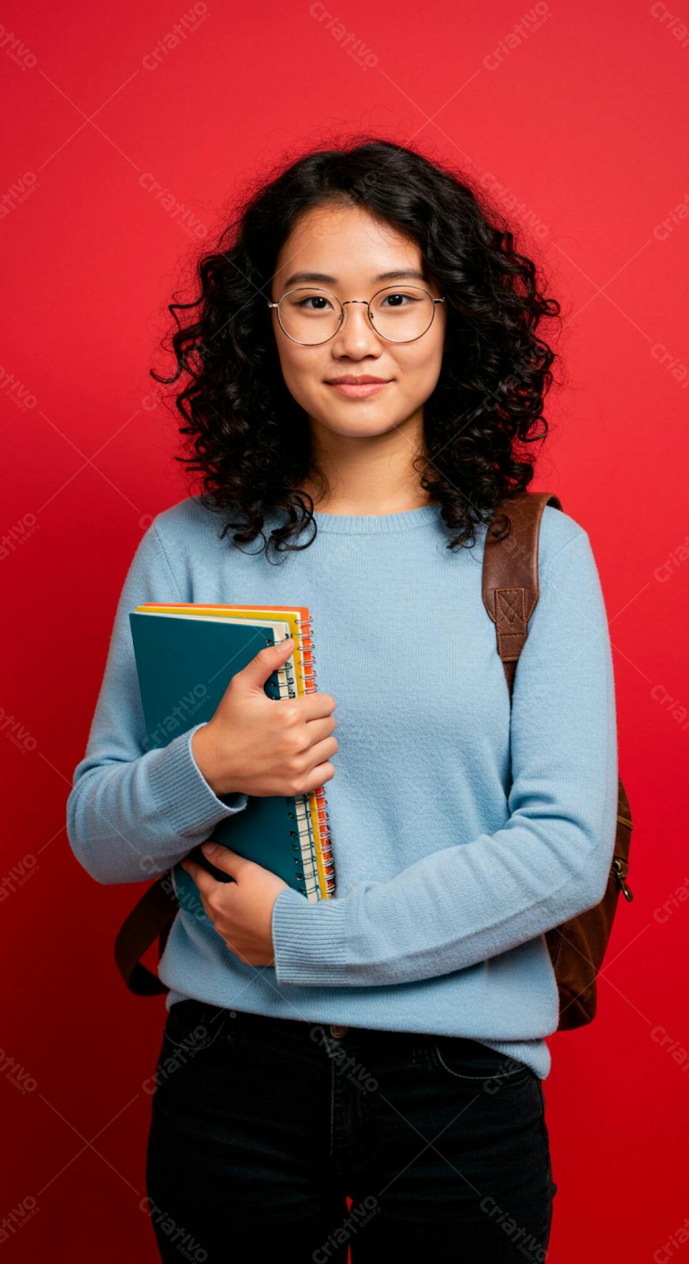 Imagem De Mulher Estudante Asiática Branca Cacheada Sorridente Fundo Solido Vermelho Mochila Nas Costas Segurando Livros Nas Mãos Psd Editável