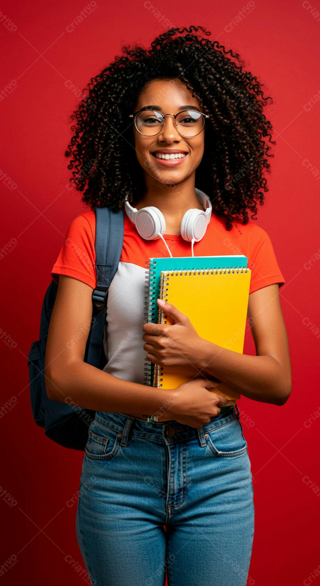 Estudante negra sorridente com cadernos