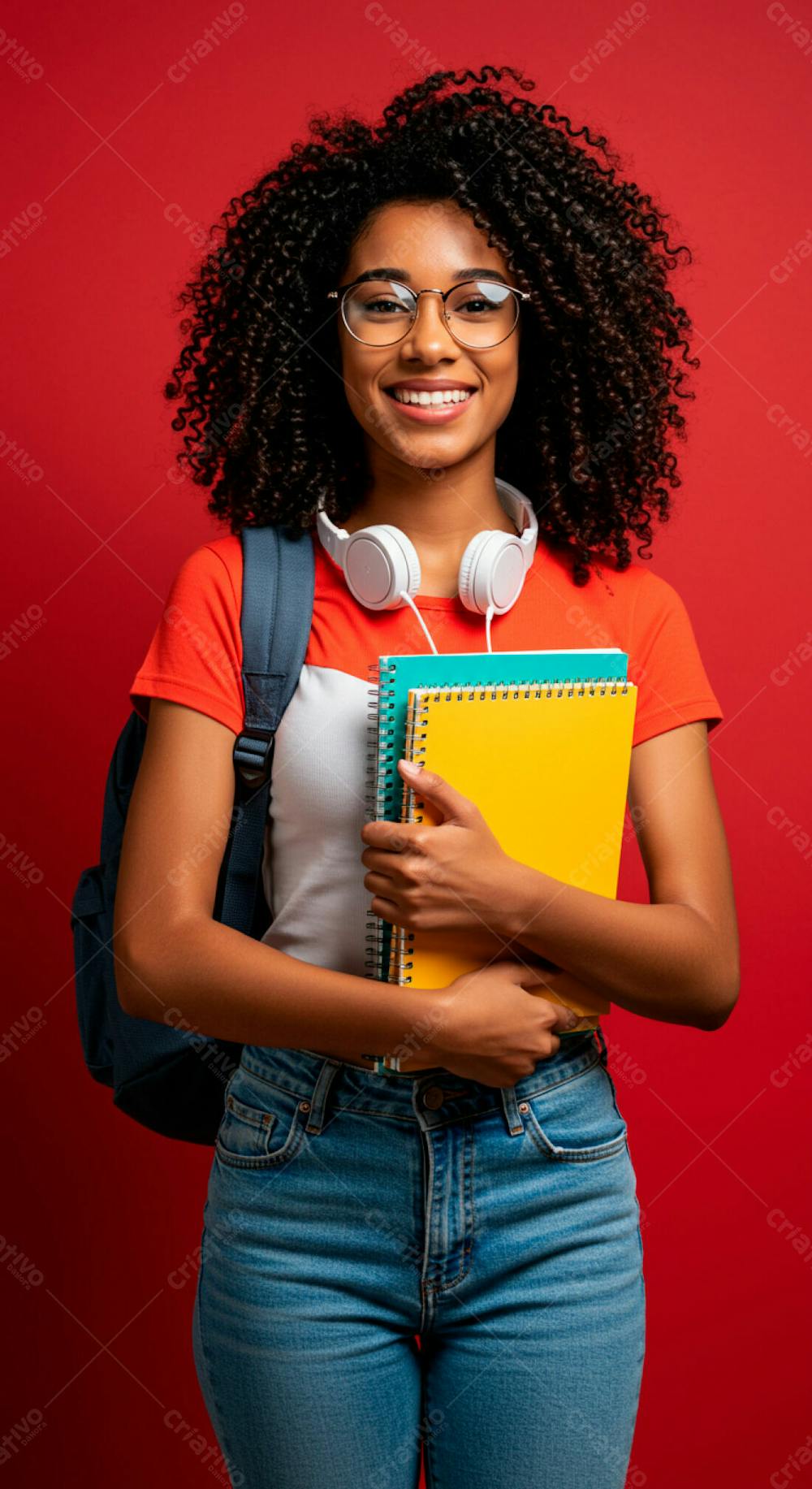 Imagem De Mulher Estudante Negra Cacheada Sorridente Fone De Ouvido Branco No Pescoço Fundo Solido Vermelho Mochila Nas Costas Segurando Livros Nas Mãos Psd Editável