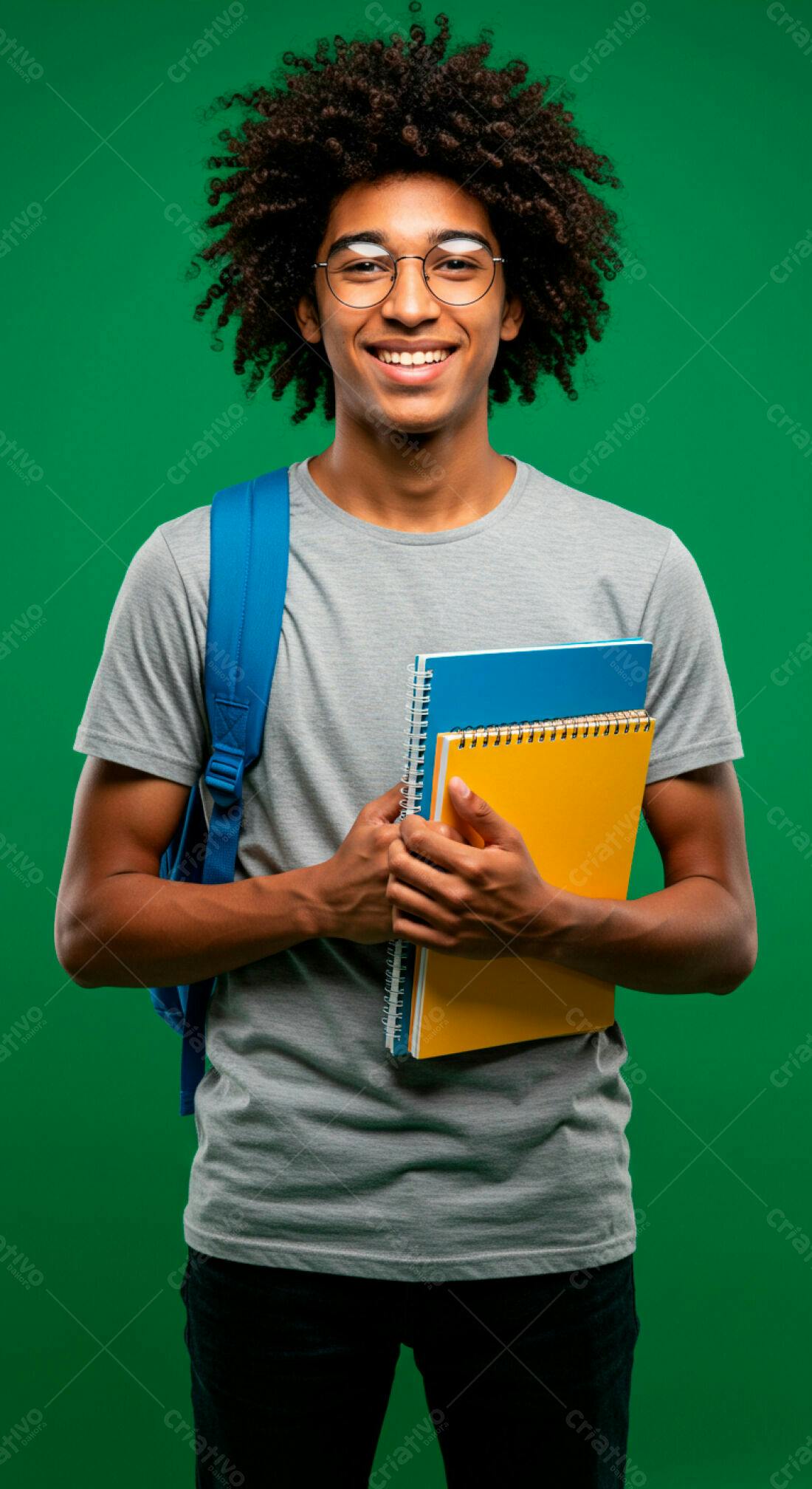 Estudante sorridente com cadernos fundo verde