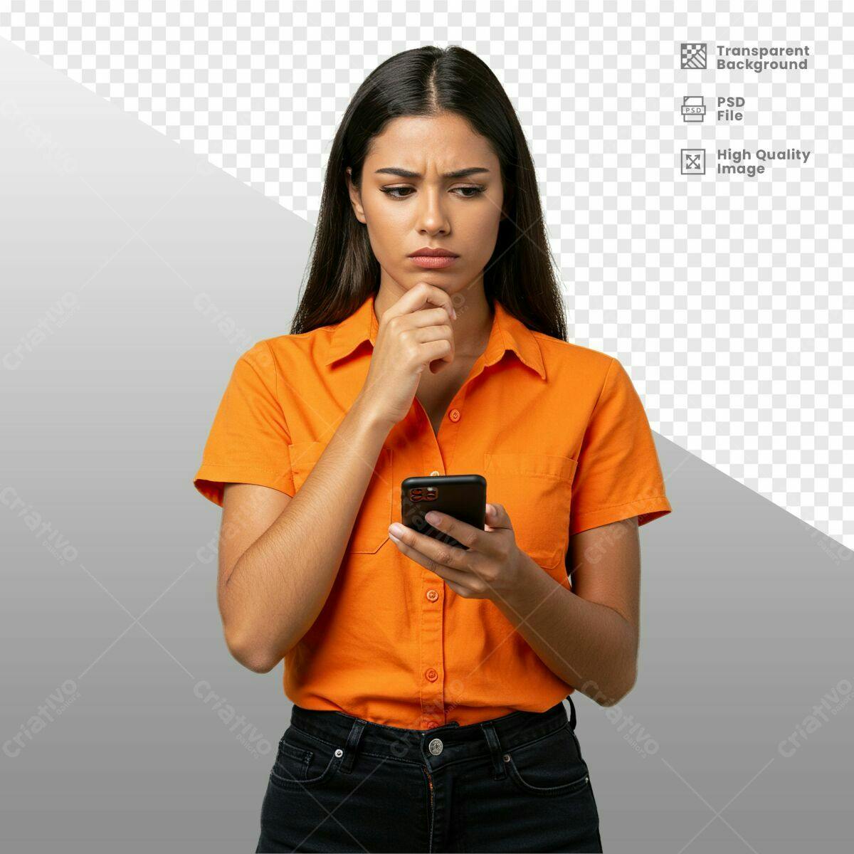 Mockup Mulher com Celular em Camisa Laranja PSD Editável