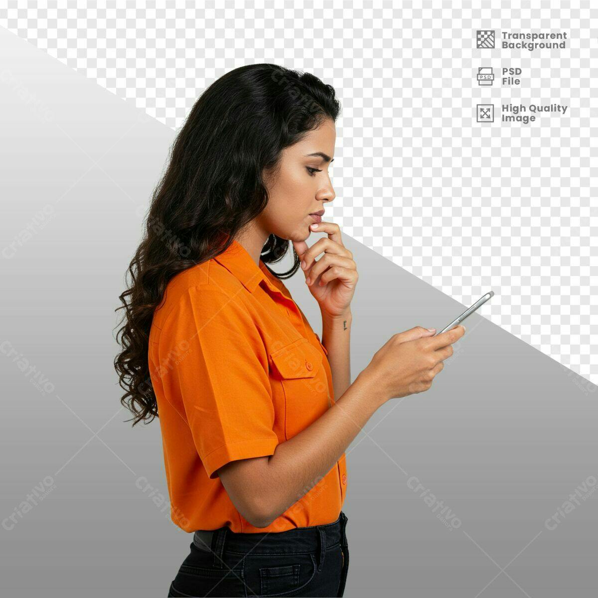 Mockup Mulher com Celular Laranja PSD Editável
