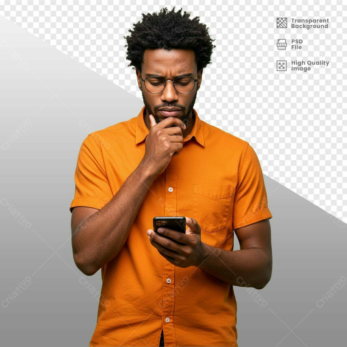 PSD Homem Pensativo com Smartphone PSD Editável