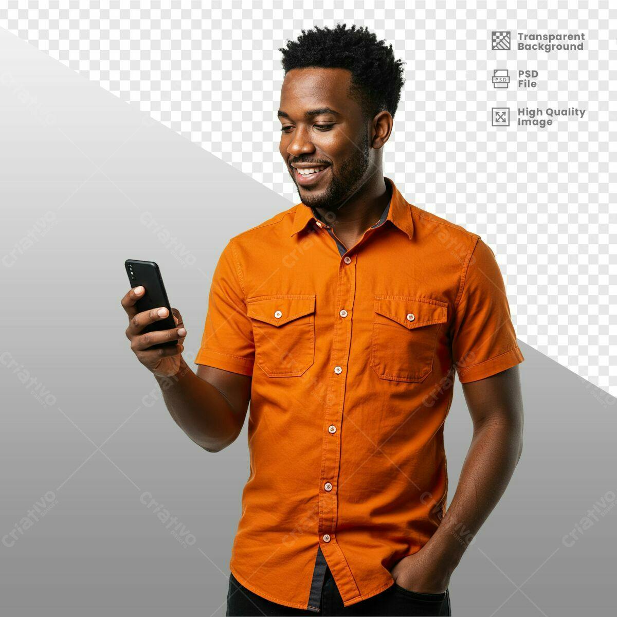 PSD Homem Afrodescendente com Celular Laranja PSD Editável
