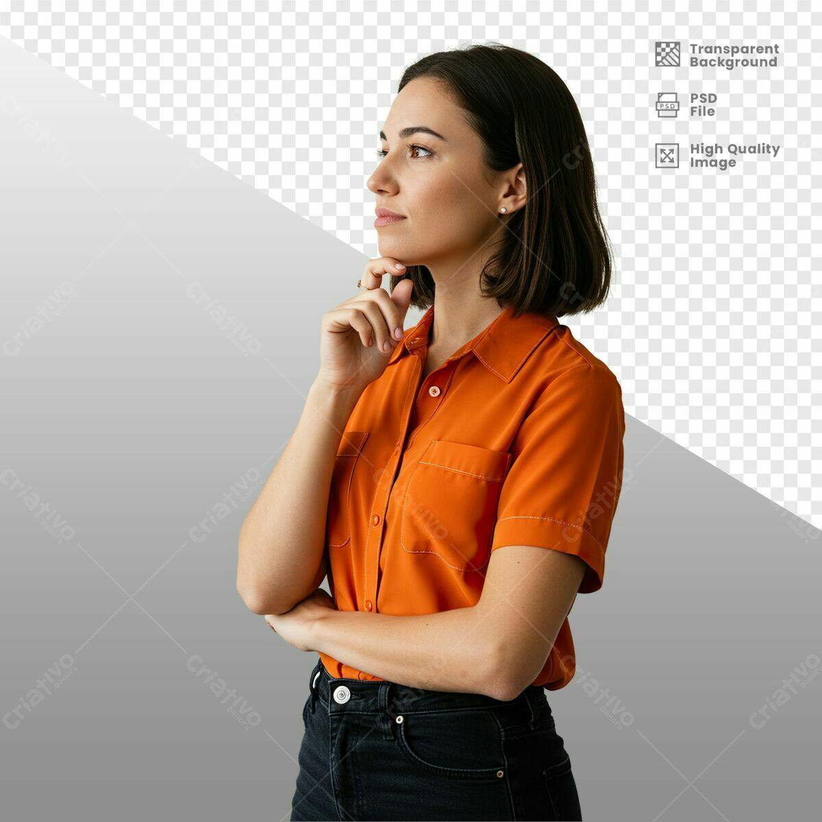 Imagem de Mulher Pensativa em Laranja PSD Editável