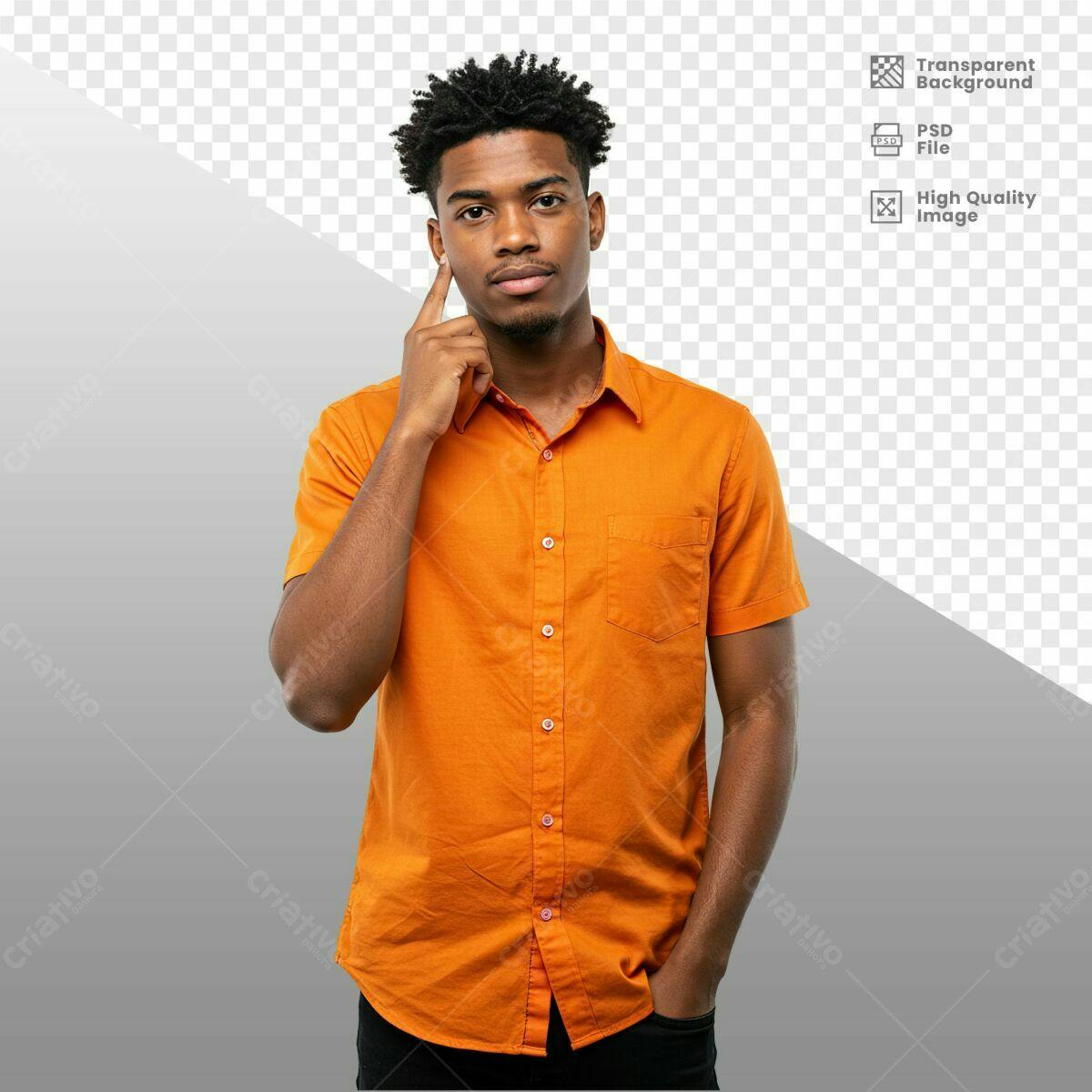 PSD Mockup de Homem Afrodescendente em Camisa Laranja PSD Editável
