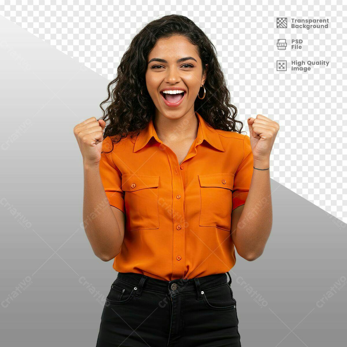 Mockup de Mulher Feliz em Camisa Laranja PSD Editável