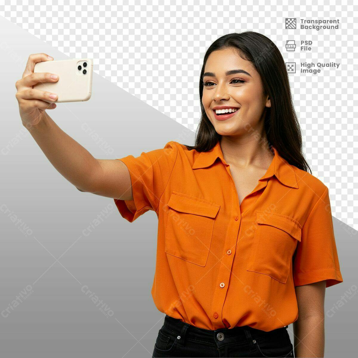 Imagem Pessoa Selfie Celular Laranja PSD Editável