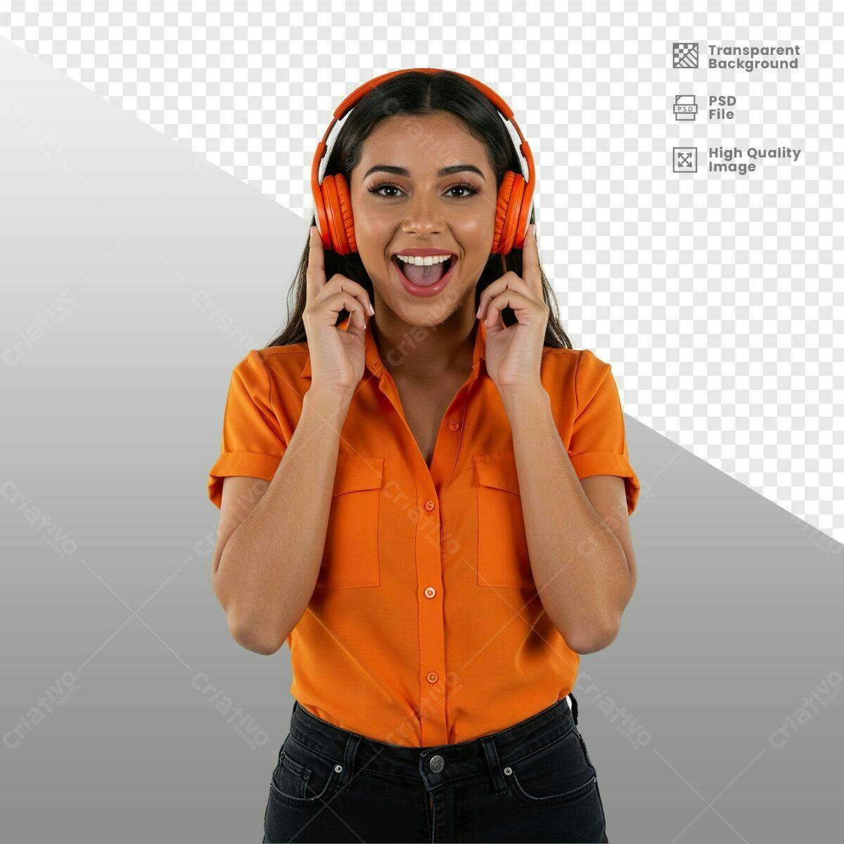 PSD Mockup de Mulher com Fones de Ouvido Laranja PSD Editável
