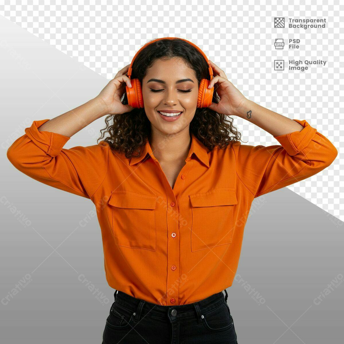 PSD para Mockup de Música com Mulher usando Fones de Ouvido Laranja PSD Editável