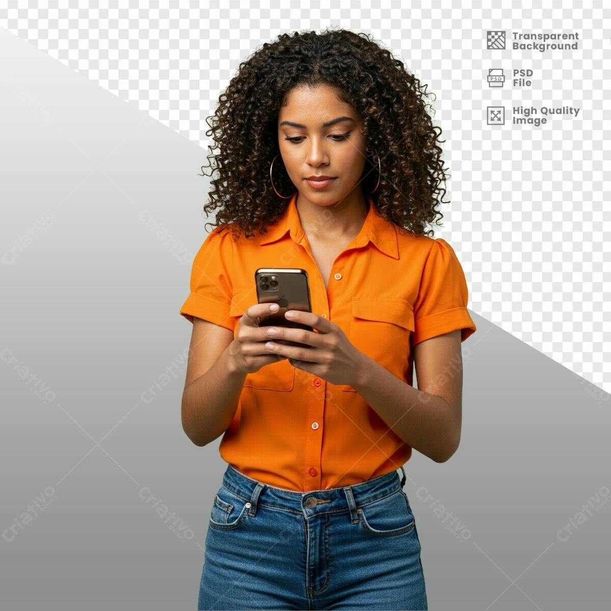 Mockup Mulher com Celular Laranja PSD Editável