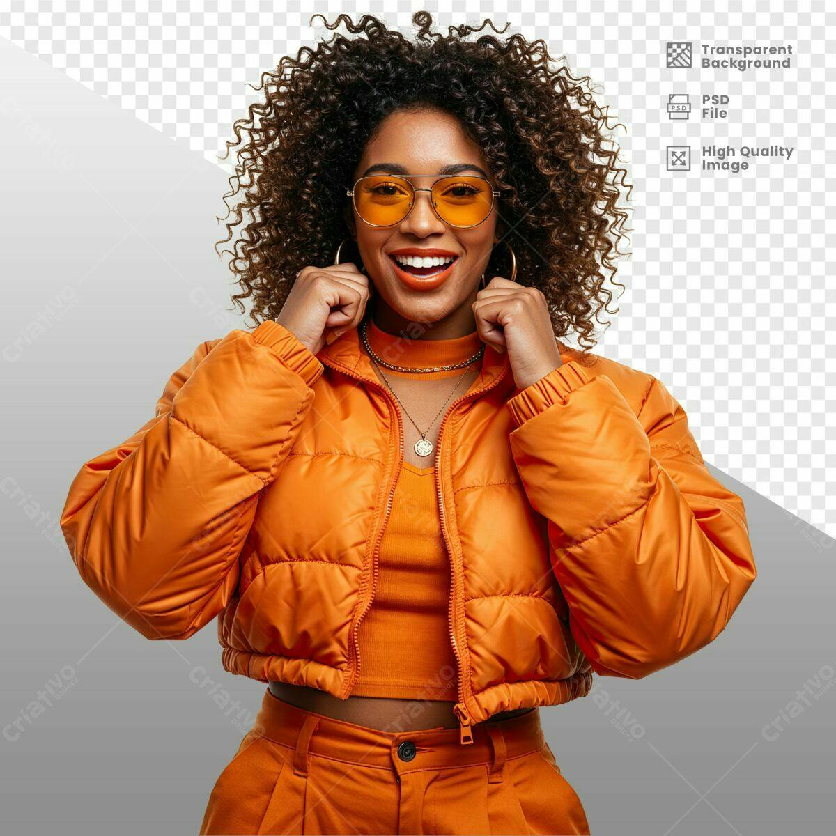 Mockup de Modelo Feminina com Jaqueta Laranja PSD Editável