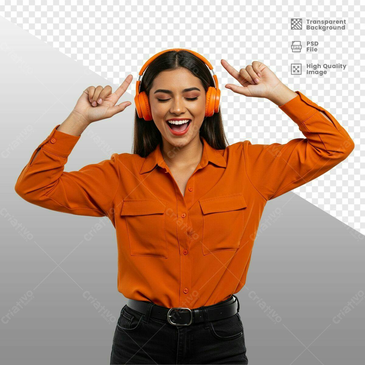 PSD Mulher com Fones de Ouvido Laranja PSD Editável