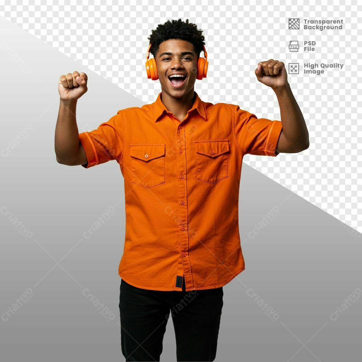 PSD de Homem Alegre com Fones de Ouvido Laranja
