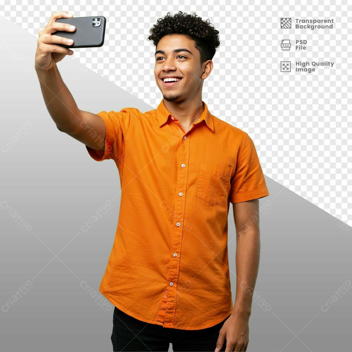 PSD Homem Sorrindo Selfie com Celular Laranja