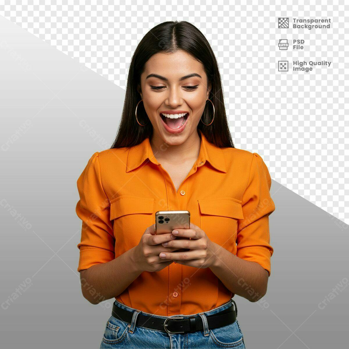 Mockup Mulher Sorrindo com Celular Laranja PSD Editável