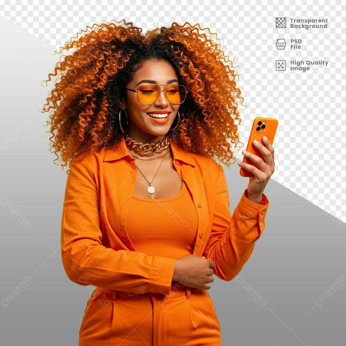 Modelo de Mulher com Celular Laranja PSD Editável