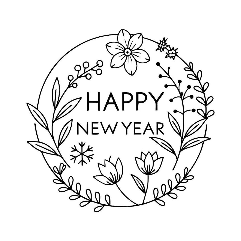 Elegant Black And White Happy New Year Floral Circle Design