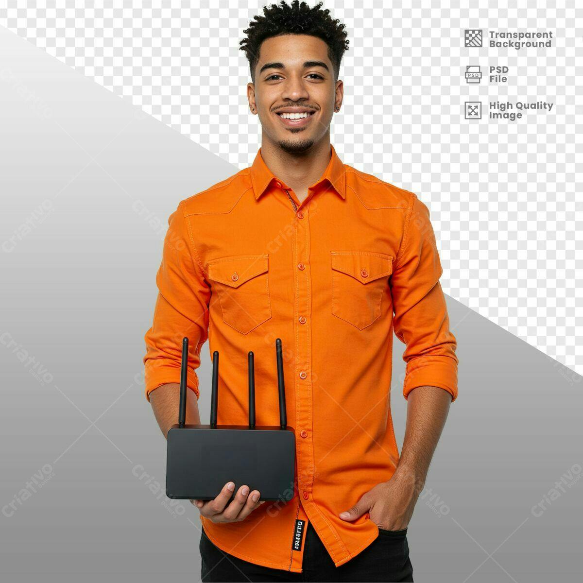 Imagem de Produto: Homem com Roteador Wi-Fi PSD Editável