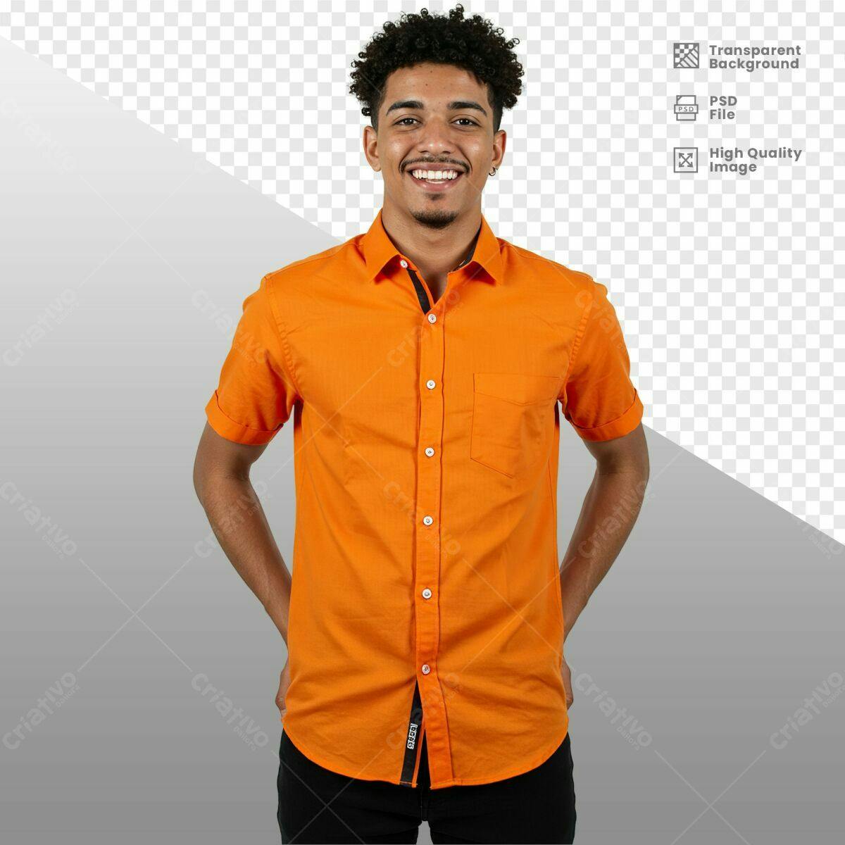 PSD Modelo de Homem Sorrindo com Camisa Laranja PSD Editável