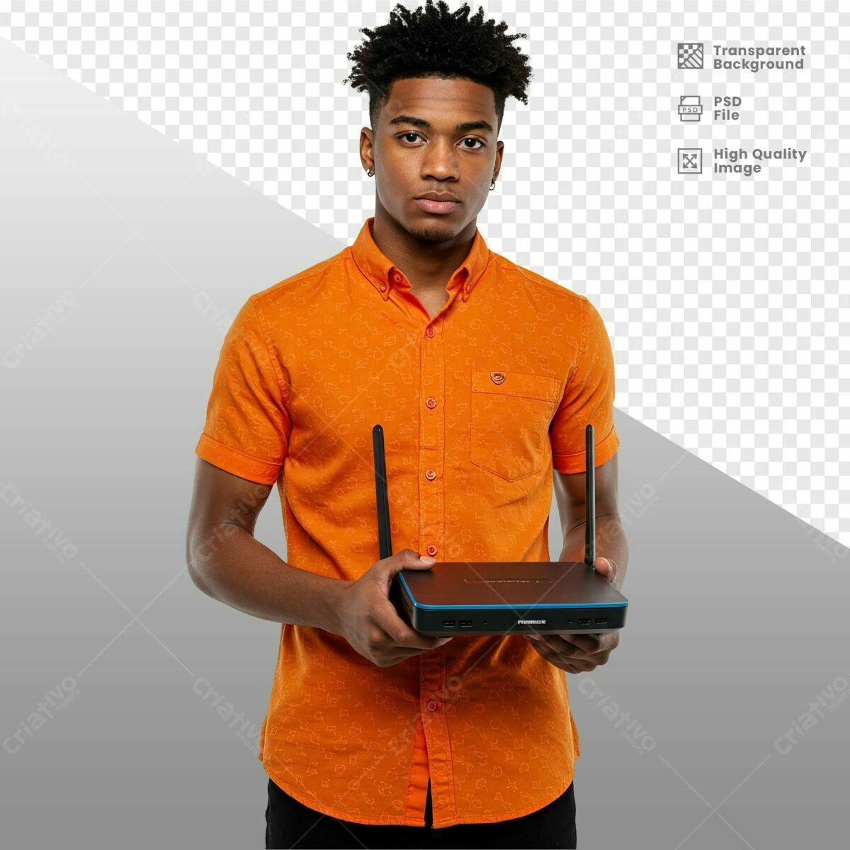 Modelo de Pessoa com Roteador Wi-Fi PSD Editável