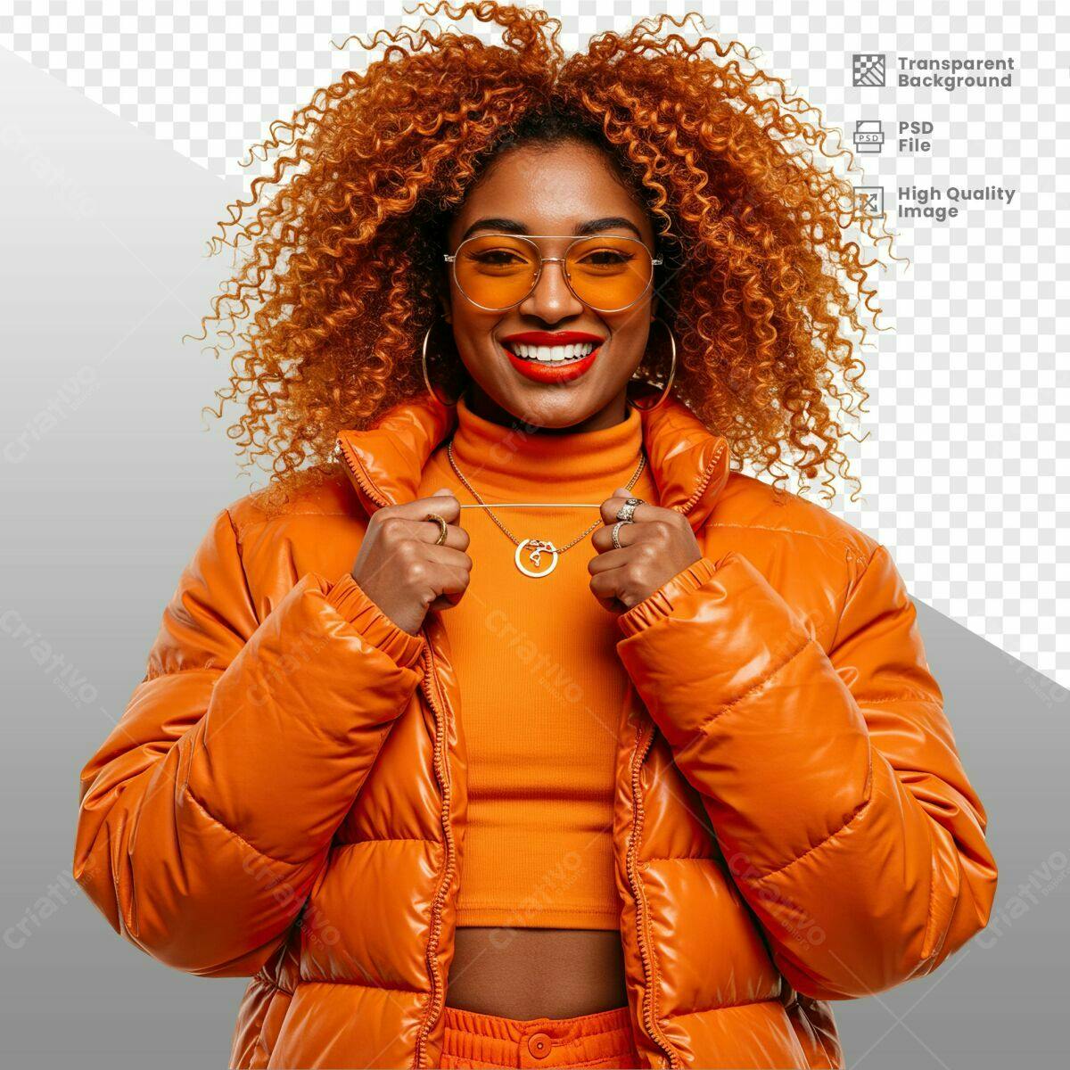 Imagem de Modelo Feminina com Jaqueta Laranja PSD Editável