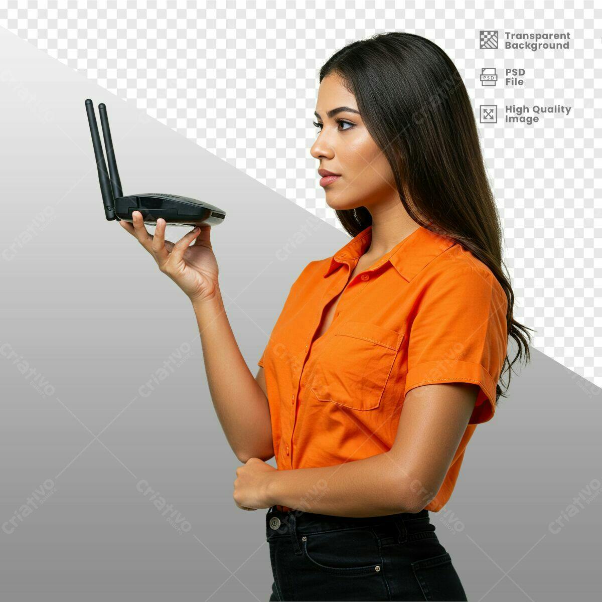Mockup Mulher com Roteador WiFi PSD Editável