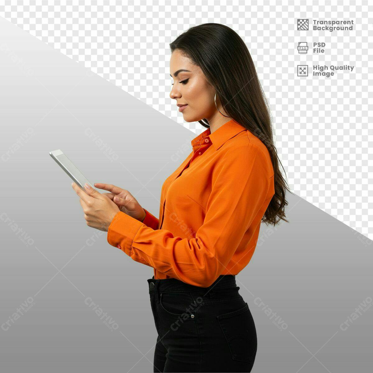 Mockup Mulher com Tablet Laranja PSD Editável