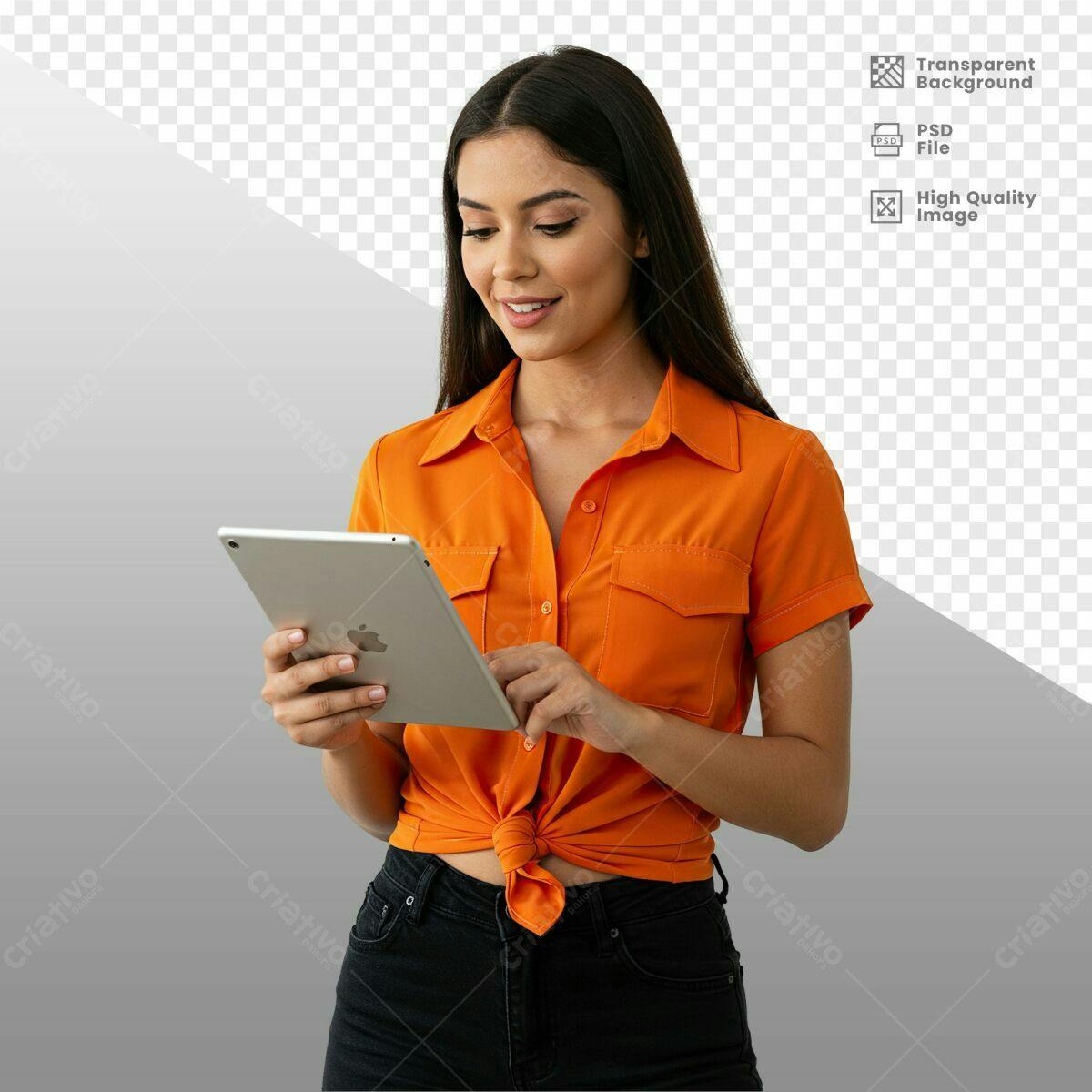 Mockup Mulher usando Tablet Laranja PSD Editável