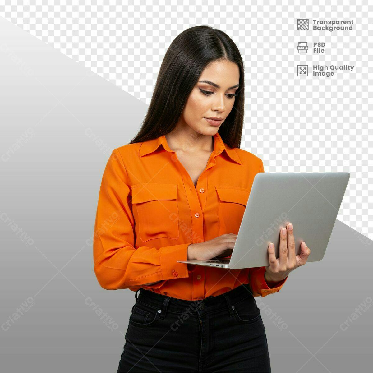 Mockup Mulher com Notebook Laranja PSD Editável