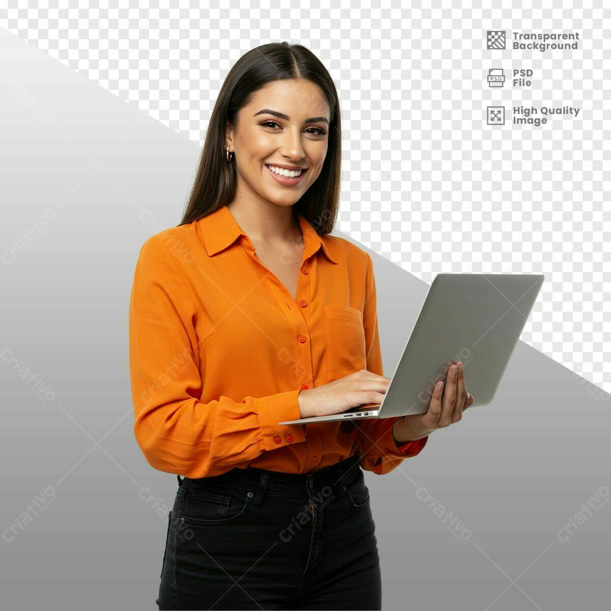 Mockup Mulher com Notebook Laranja PSD Editável