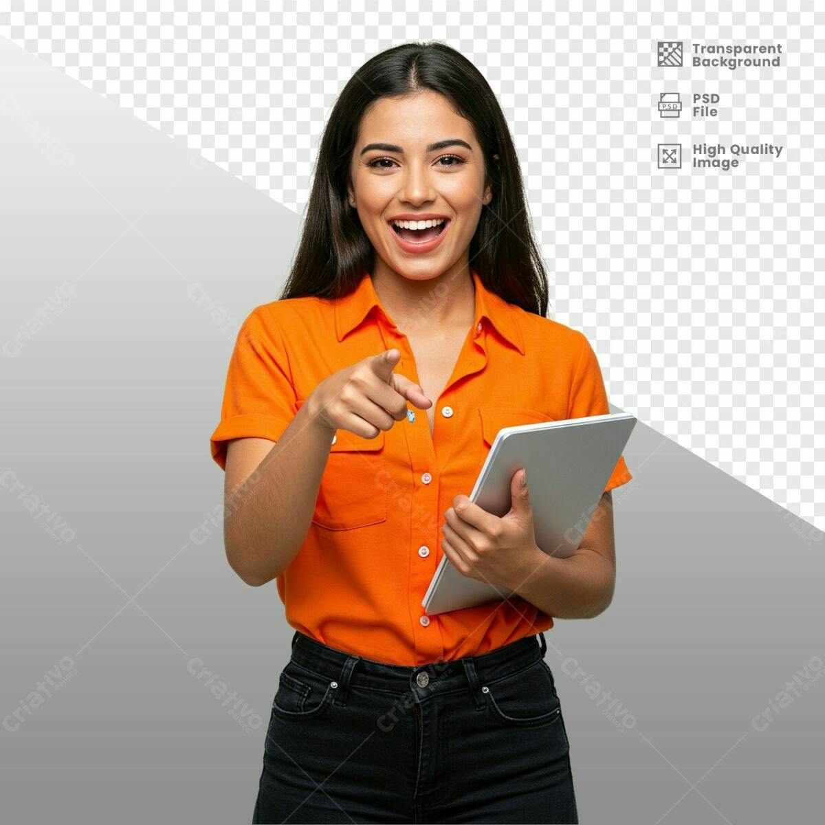 Mockup Mulher Apontando para Tablet PSD Editável